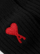 AMI PARIS - Three-Pack Logo-Embroidered Ribbed Cotton-Blend Socks - Black