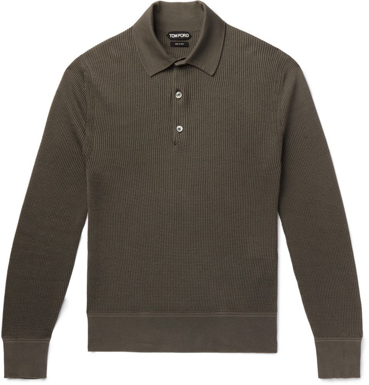 Photo: TOM FORD - Slim-Fit Waffle-Knit Cotton-Blend Polo Shirt - Green