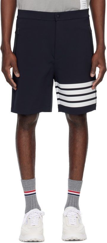 Photo: Thom Browne Navy Mid Thigh 4 Bar Shorts