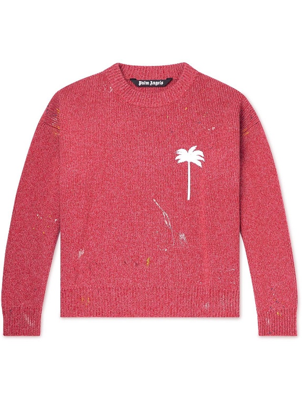 Photo: Palm Angels - Logo-Print Paint-Splattered Cashmere and Wool-Blend Sweater - Red