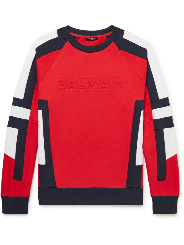 Photo: Balmain - Logo-Embossed Panelled Cotton-Jersey Sweatshirt - Red