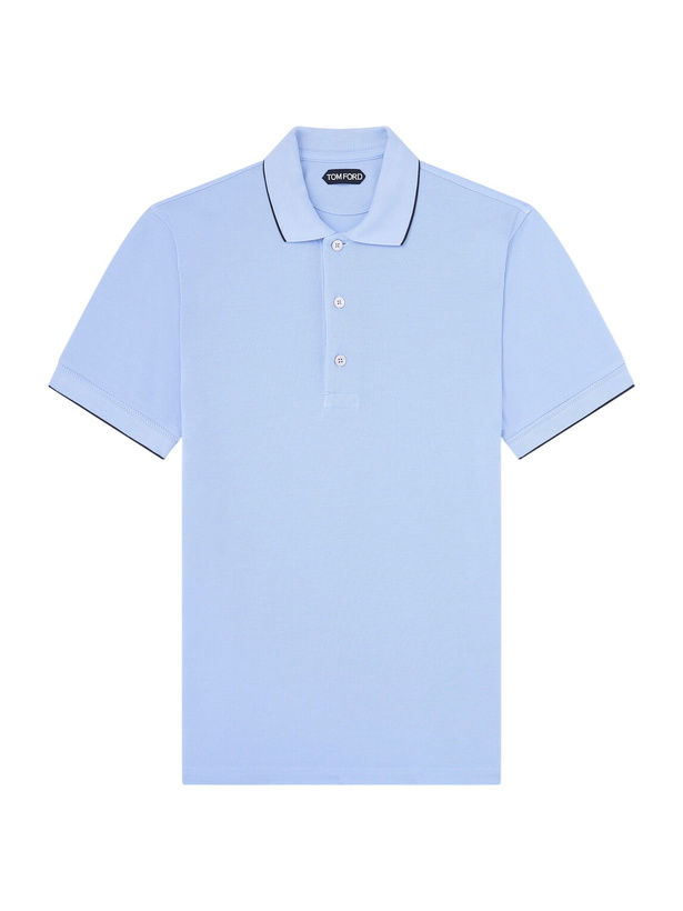 Photo: TOM FORD - Contrast-Tipped Lyocell-Piqué Polo Shirt - Blue