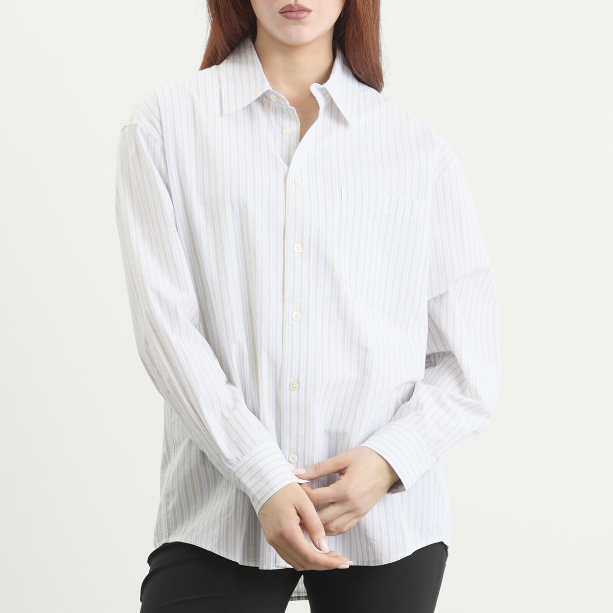 DUNST Women's Oversized Striped Shirt in Beige Stripe