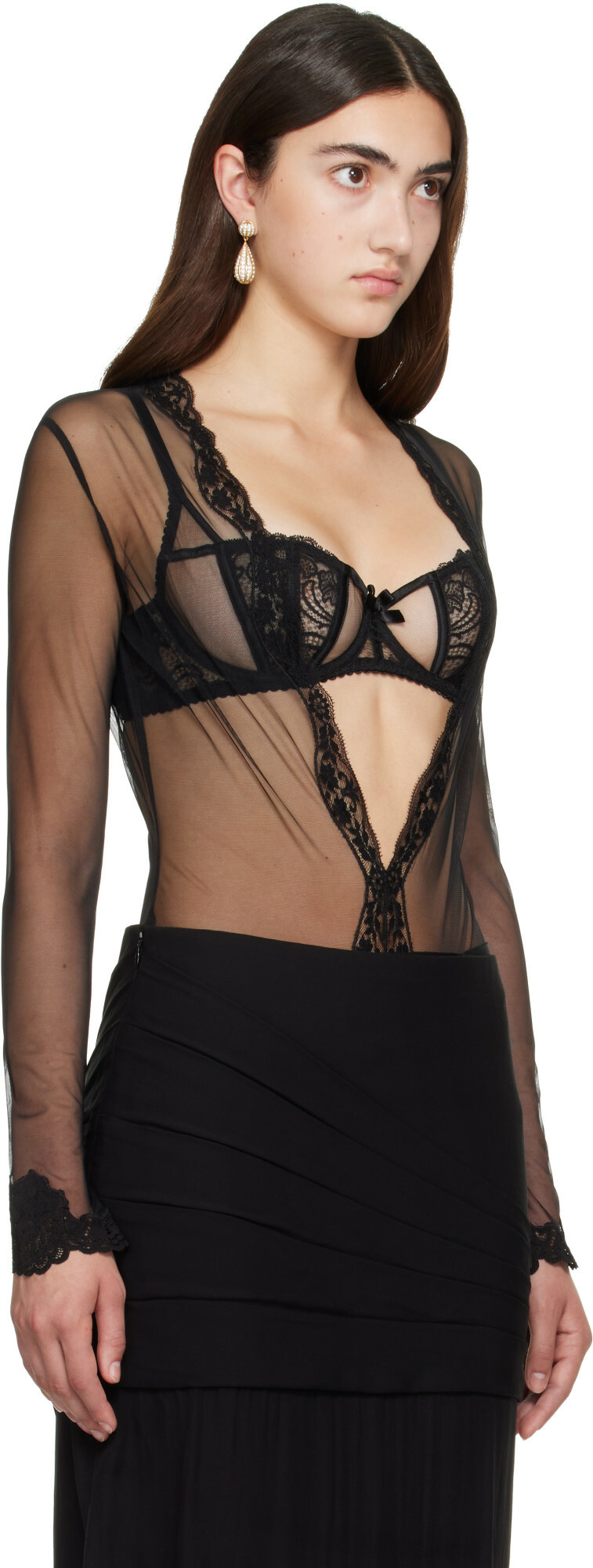 Valentino Black V-Neck Lace Bodysuit