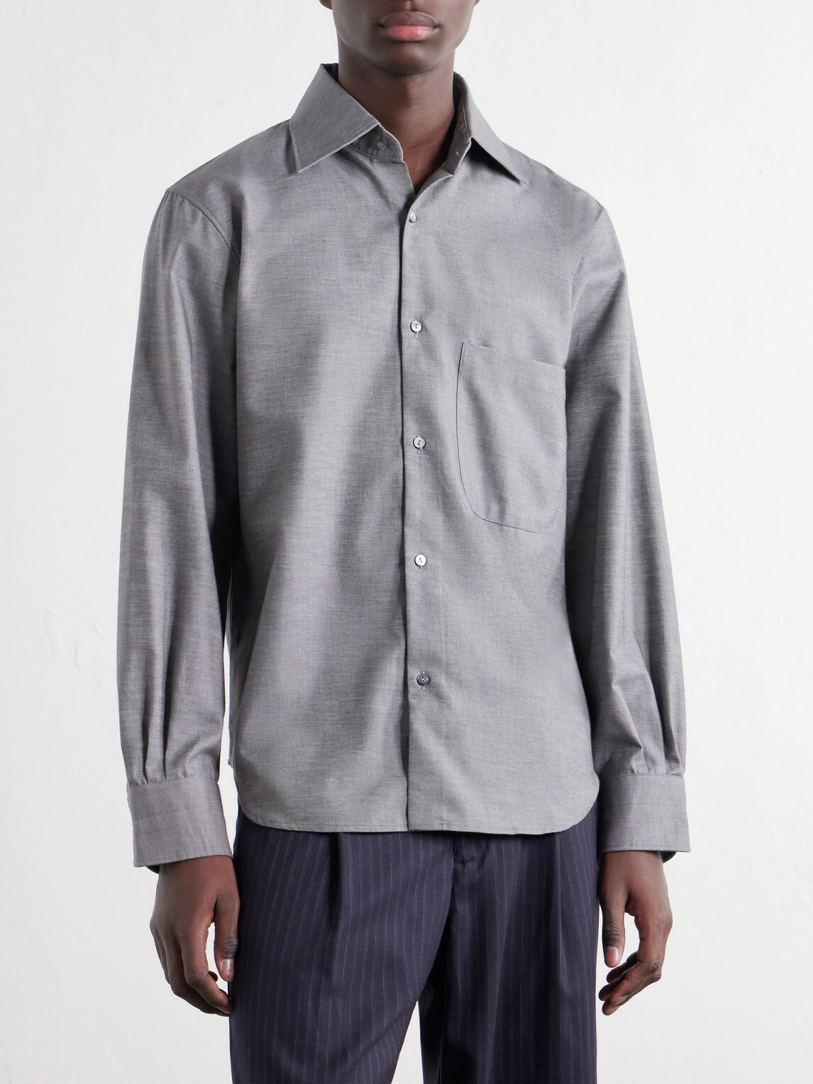 Stòffa - Spread-Collar Brushed Cotton Woven Shirt - Gray