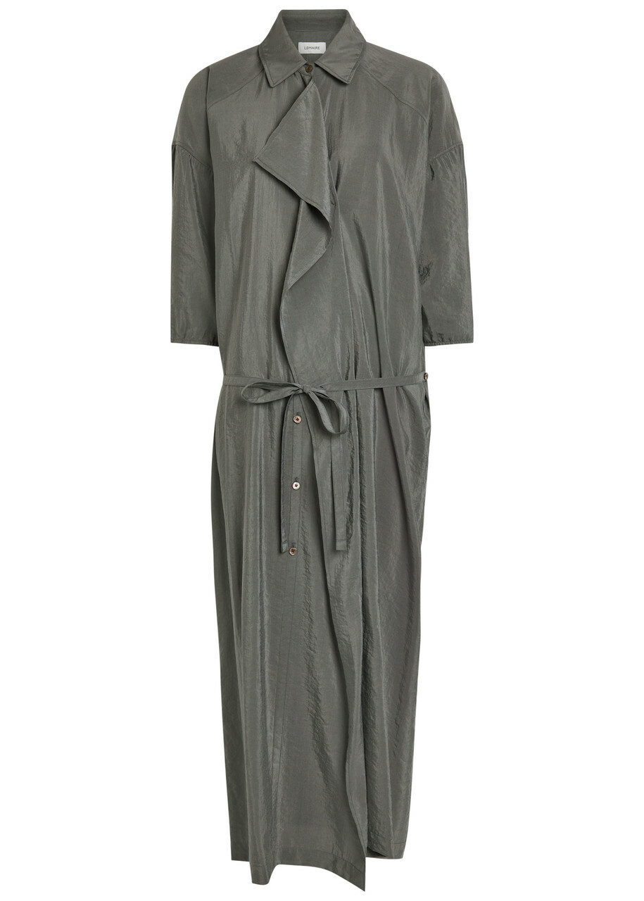 Lemaire Belted Brushed Silk-blend Midi Shirt Dress Grey