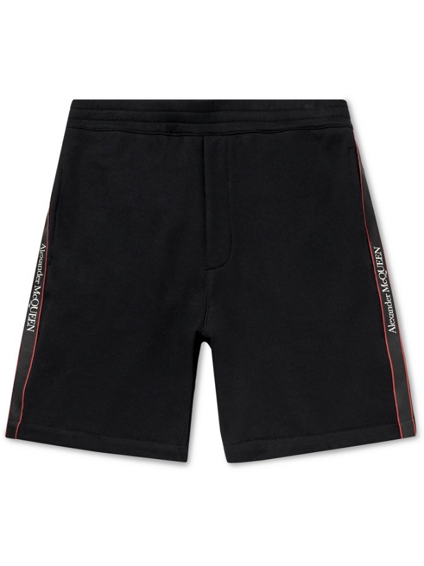 Photo: ALEXANDER MCQUEEN - Wide-Leg Logo Webbing-Trimmed Loopback Organic Cotton-Jersey Shorts - Black