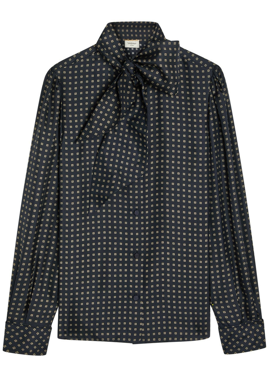 Saint Laurent Patterned Silk Blouse Dark Blue