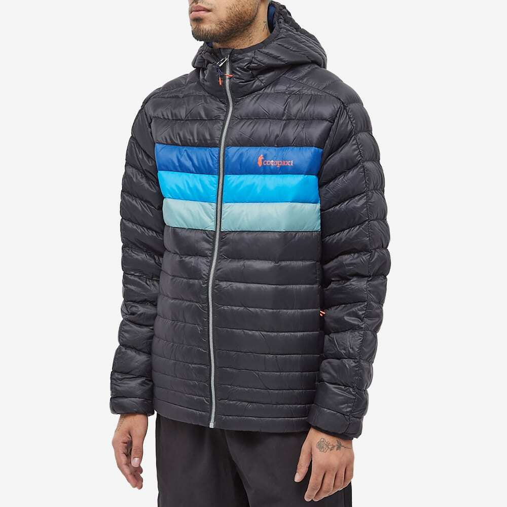 Cotopaxi Men's Fuego Down Hooded Jacket in Black/Pacific Stripes