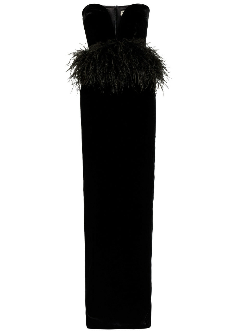 The New Arrivals Ilkyaz Ozel Sienna Feather-appliquéd Velvet Maxi Dress Black