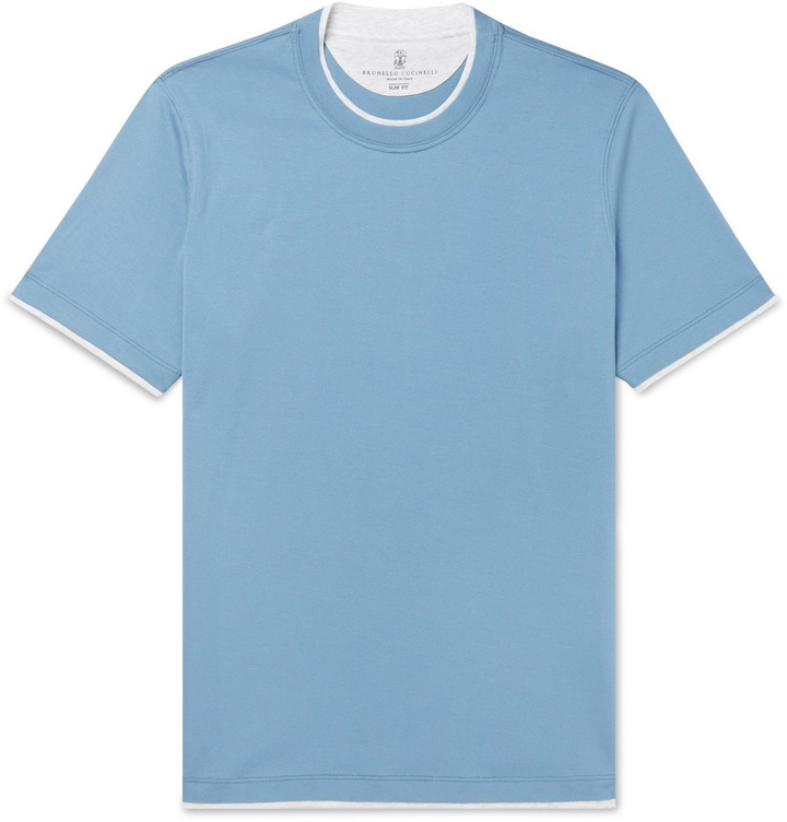 Photo: Brunello Cucinelli - Slim-Fit Layered Cotton-Jersey T-Shirt - Blue