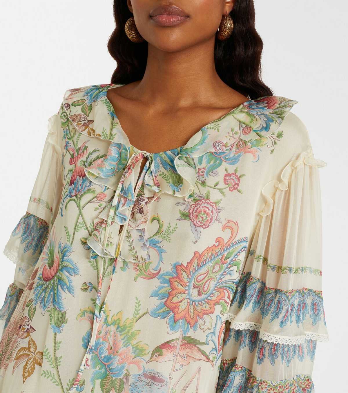 Etro Printed ruffled lace-trimmed silk minidress