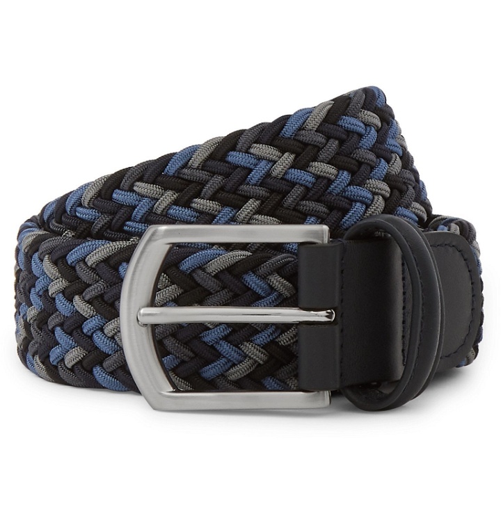 Photo: Anderson's - 3.5 Navy Leather-Trimmed Woven Elastic Belt - Blue