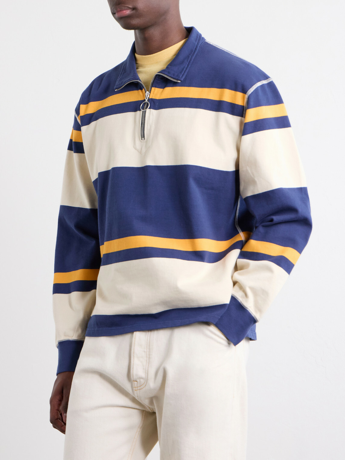 Drake's - Striped Cotton-Jersey Half-Zip Polo Shirt - Blue