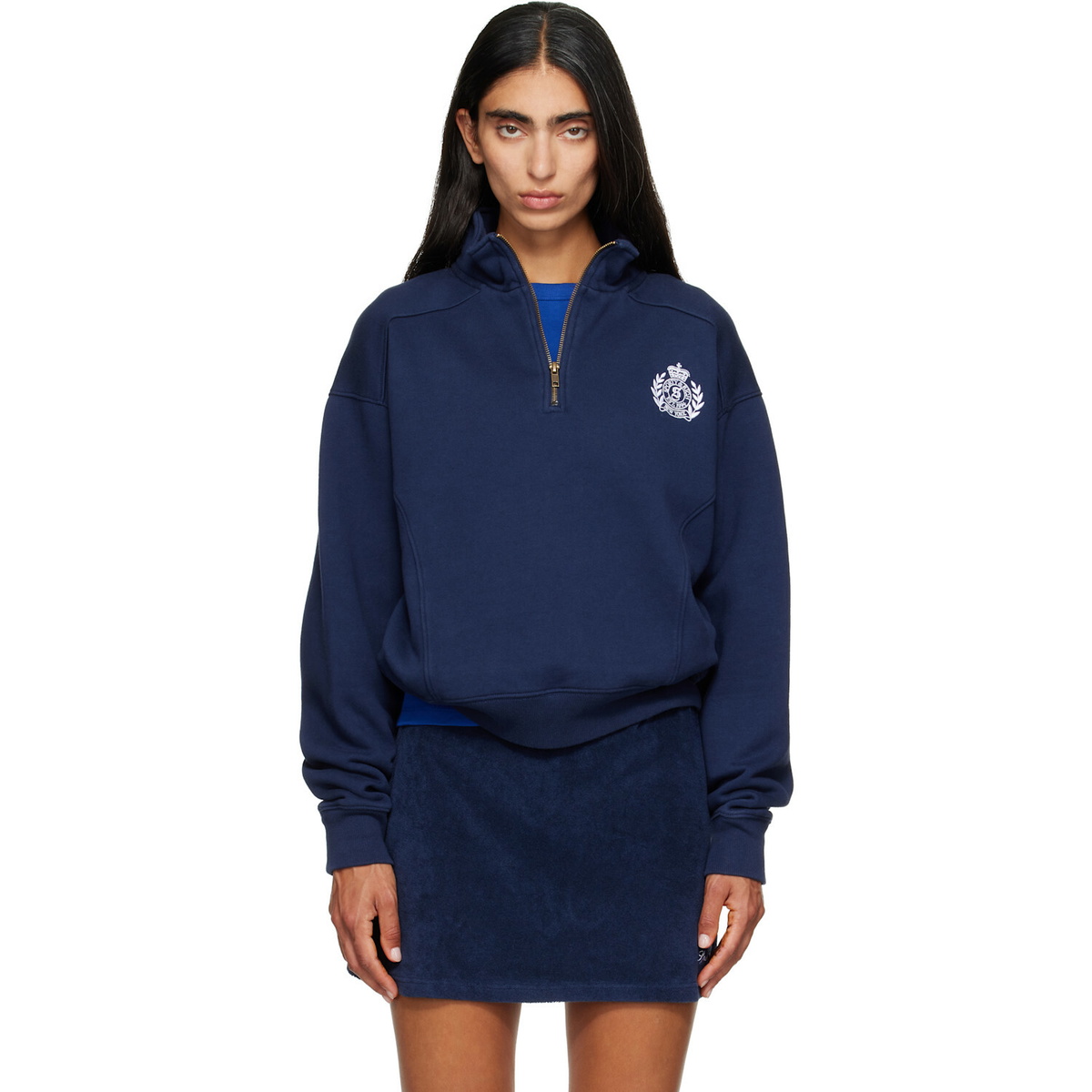 Sporty & Rich Navy NY Crest Embroidered Quarter Zip Sweatshirt