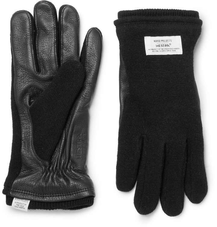 Photo: Norse Projects - Hestra Leather-Panelled Knitted Gloves - Black