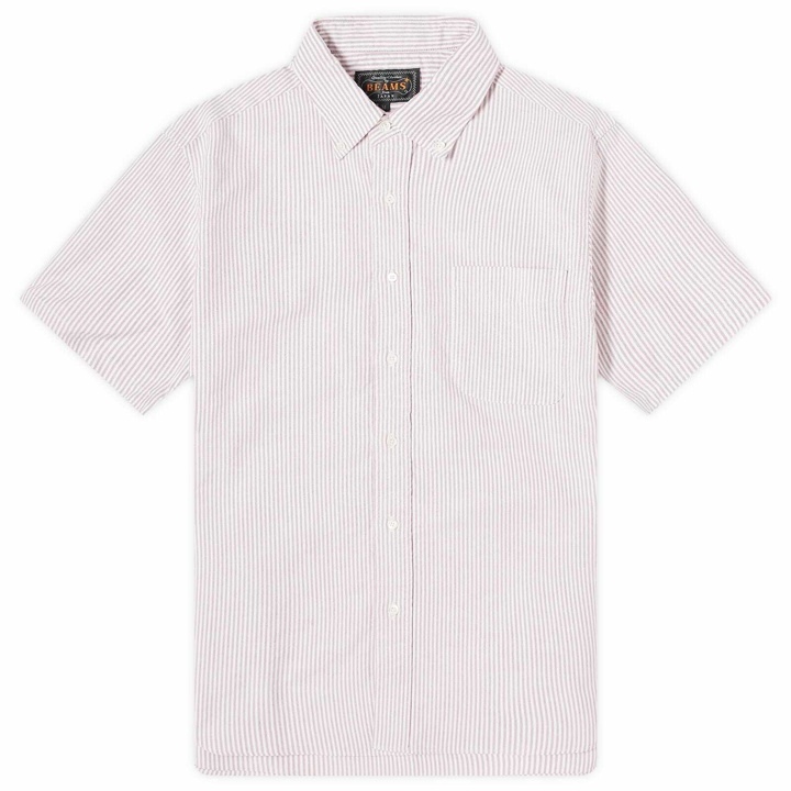 Photo: Beams Plus Men's Button Down Short Sleeve Shirt in Wine Candy Stripe
