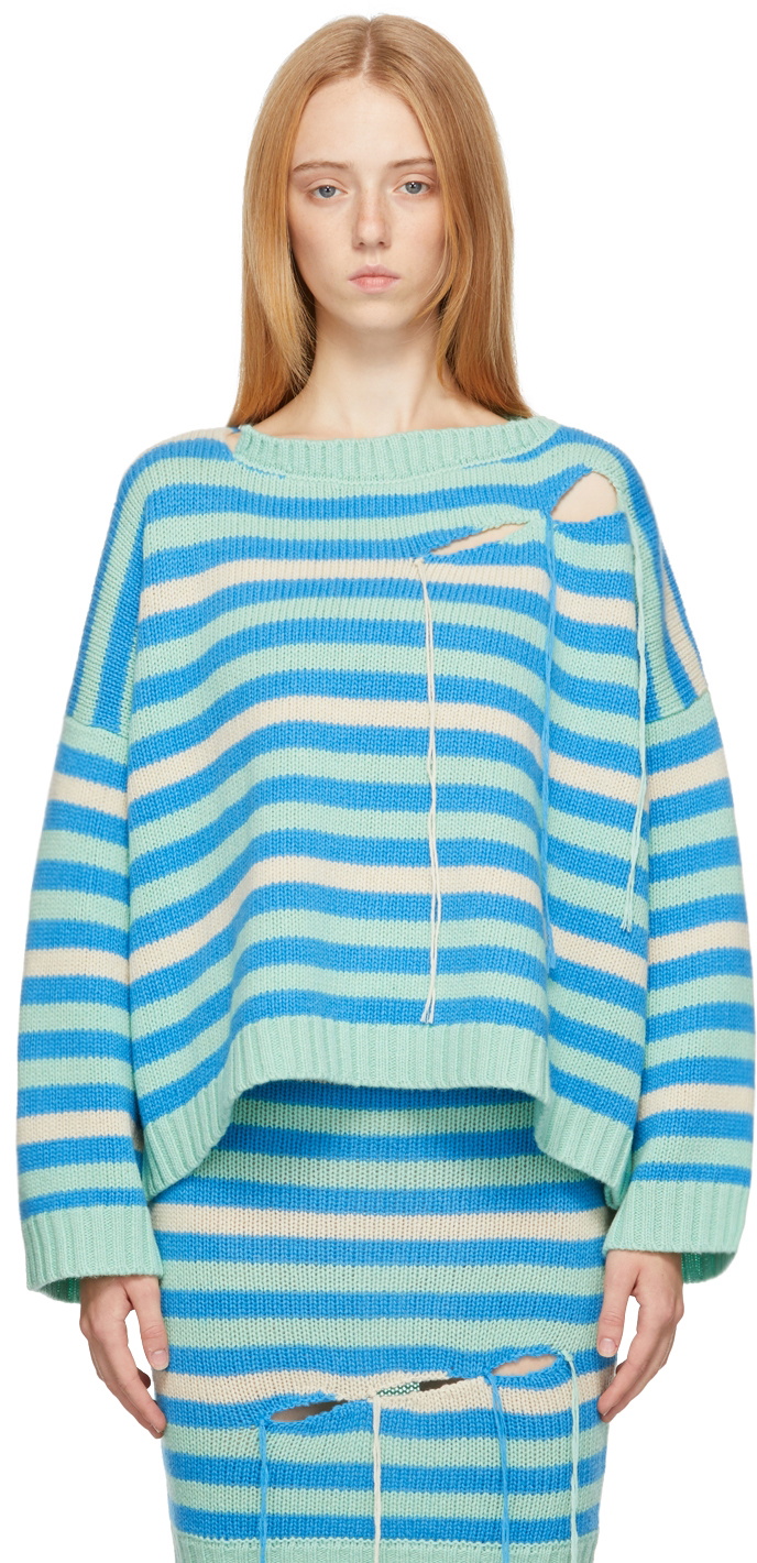 Charles Jeffrey Loverboy Green & Blue Stripe Slash Sweater Charles