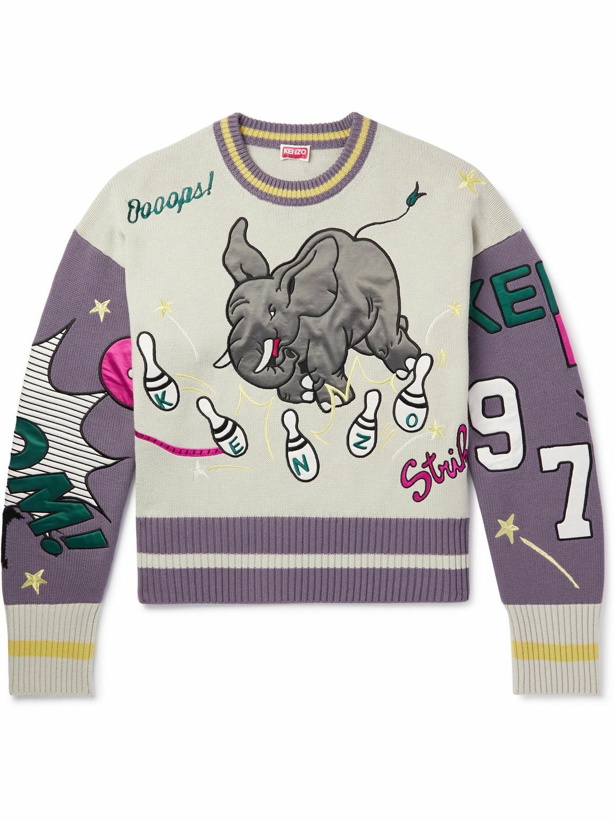 Photo: KENZO - Bowling Elephant Patchwork Merino Wool and Cotton-Blend Sweater - Neutrals