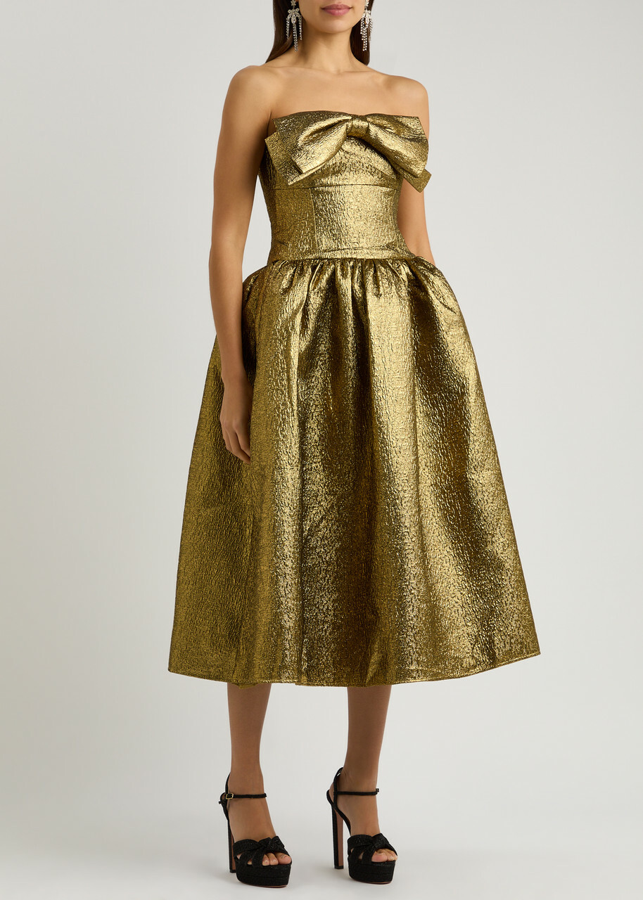 slim fit dress slacks Gold Knit Taffeta Midi Dress – self-portrait-US main image 0