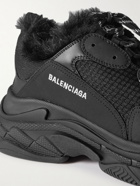 Balenciaga - Triple S Faux Fur-Trimmed Mesh and Faux Leather Sneakers - Black
