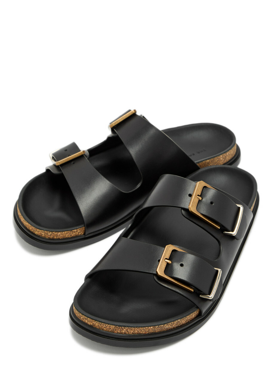 The Row Buckle Leather Slides Black