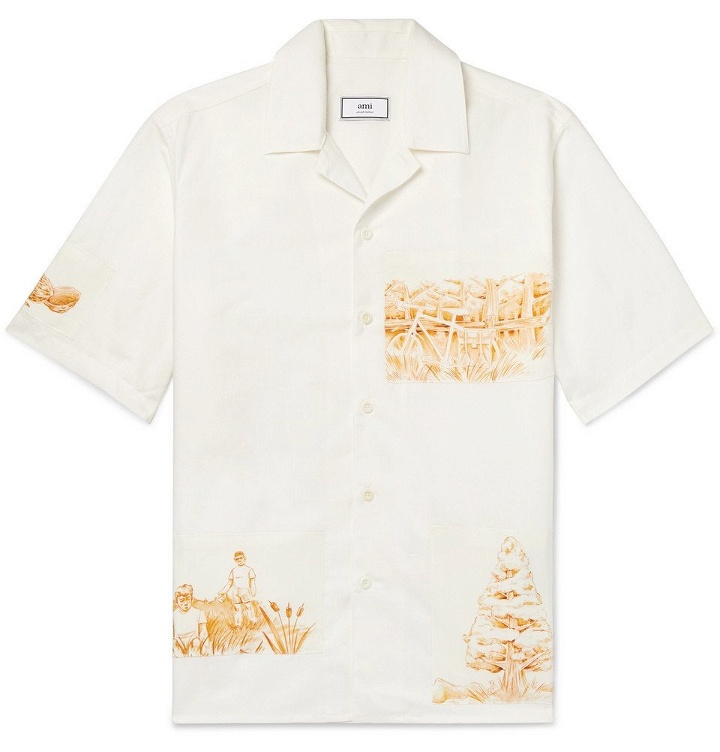 Photo: AMI - Camp-Collar Appliquéd Cotton, Linen and Ramie-Blend Shirt - Off-white