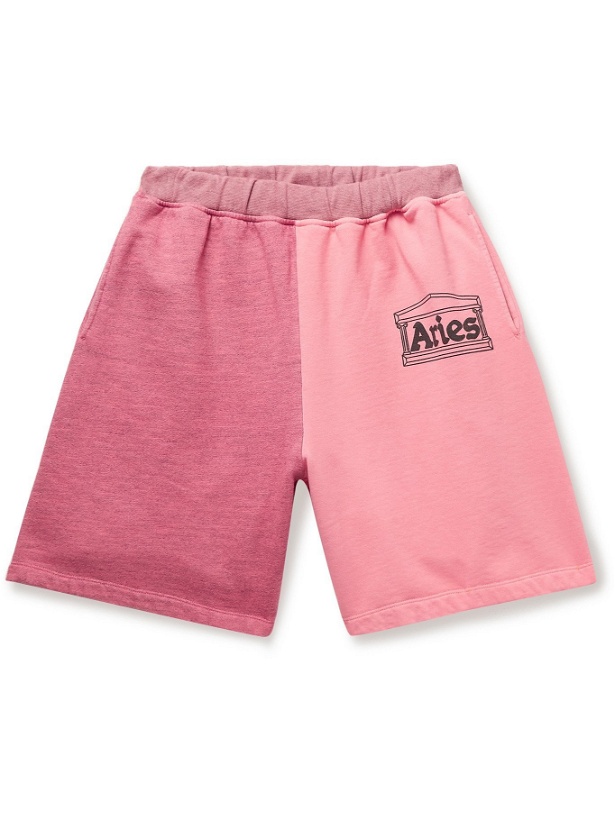 Photo: ARIES - Panelled Logo-Print Fleece-Back Cotton-Jersey Shorts - Pink - L