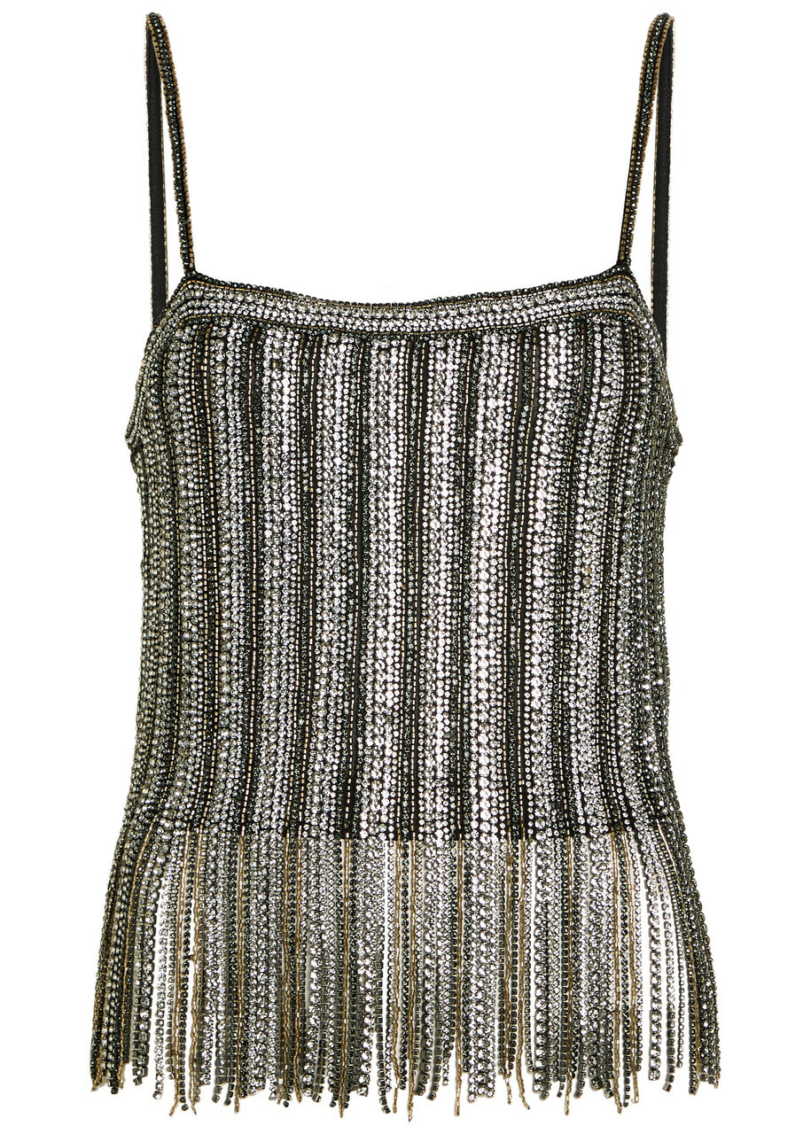 Alice + Olivia Chi Embellished Fringed Stretch-mesh top Black