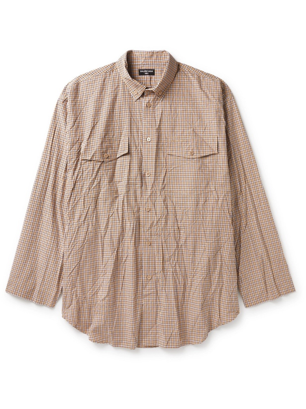 Photo: BALENCIAGA - Oversized Button-Down Collar Checked Cotton Shirt - Neutrals