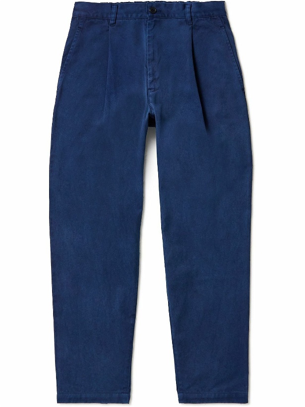 Photo: Blue Blue Japan - Tapered Cropped Garment-Dyed Pleated Cotton-Twill Trousers - Blue