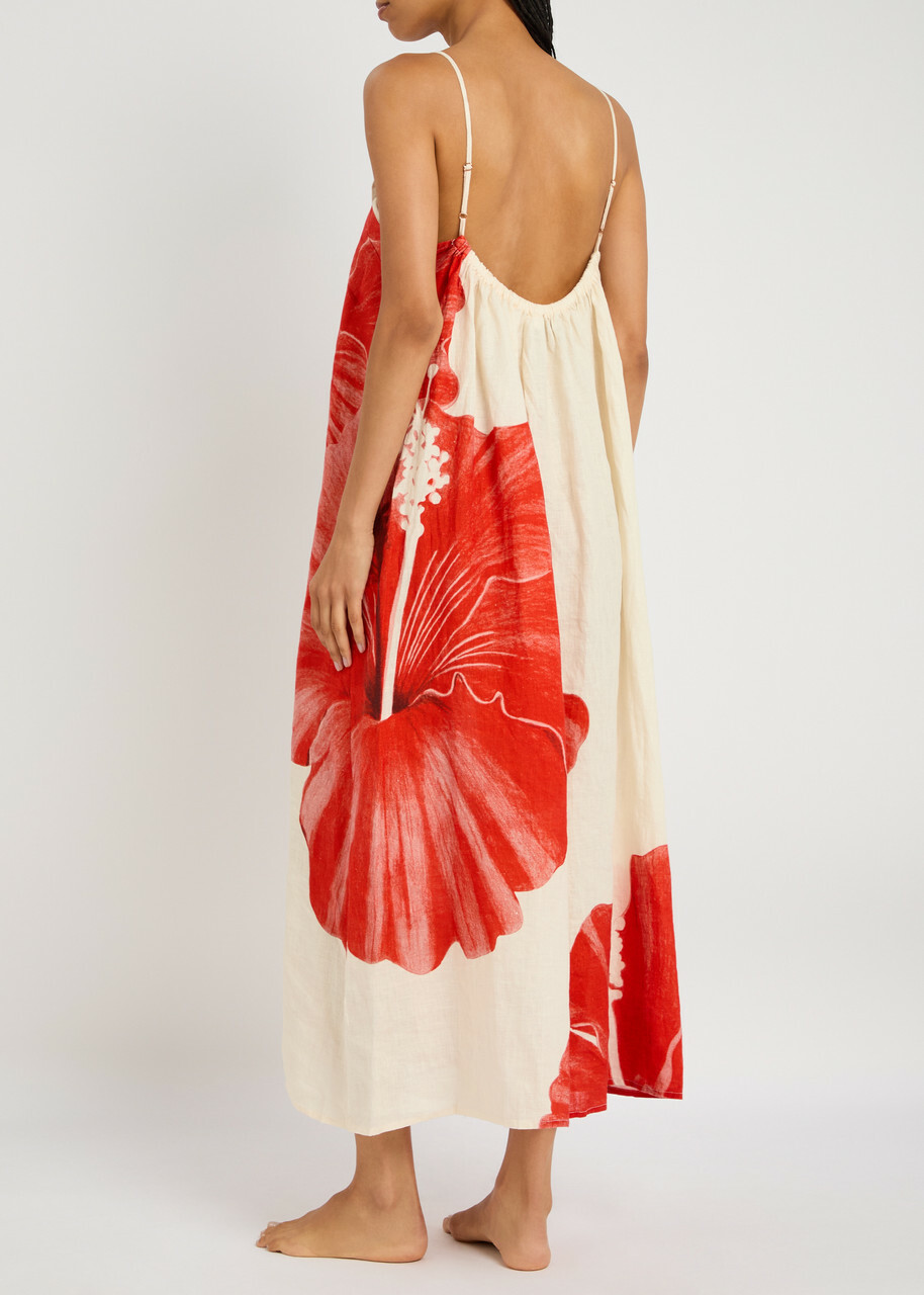 Desmond & Dempsey Floral-printed Linen Night Dress Red