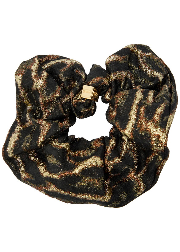 Photo: Ganni Leopard-print Metallic Cloqué Scrunchie - Khaki - One Size