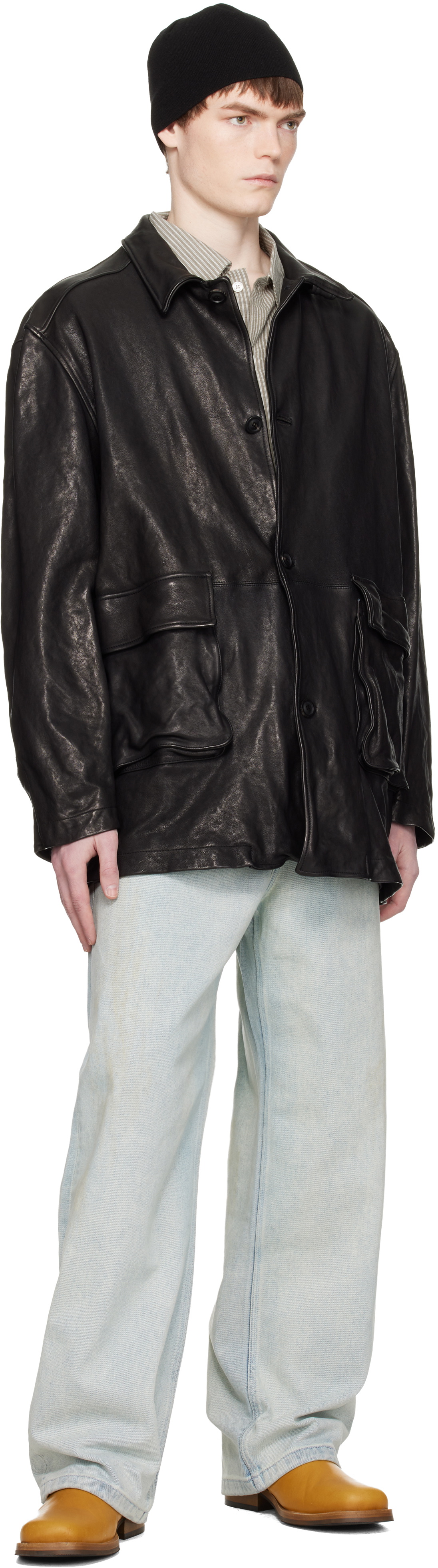 COOR Black Washed Lambskin Leather Car Coat