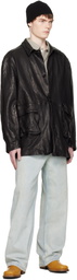 COOR Black Washed Lambskin Leather Car Coat