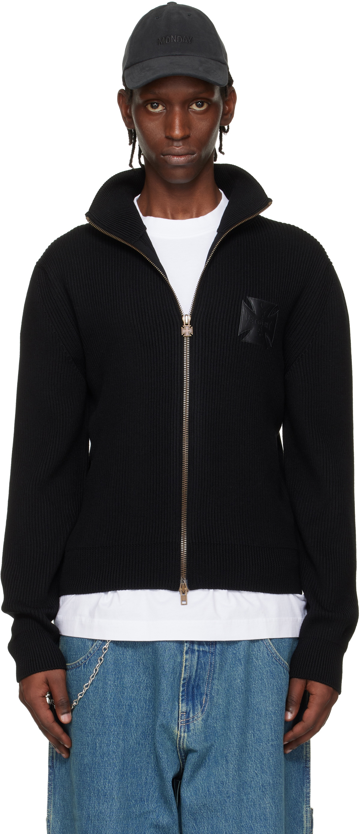 VETEMENTS Black Leather Cross Zip-Up Sweater