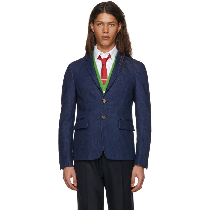 Photo: Thom Browne Navy Denim Unconstructed High Armhole Blazer 