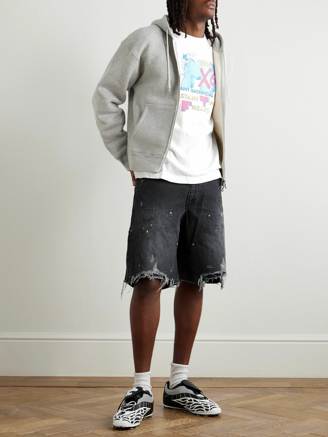 SAINT MXXXXXX - Straight-Leg Distressed Cotton Shorts - Black