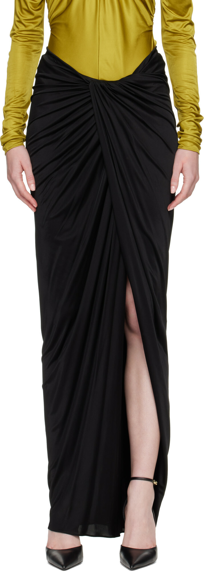 BALMAIN Black Draped Slit Maxi Skirt