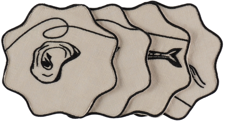 Misette Off-White Line Drawing Embroidered Linen Coaster Set