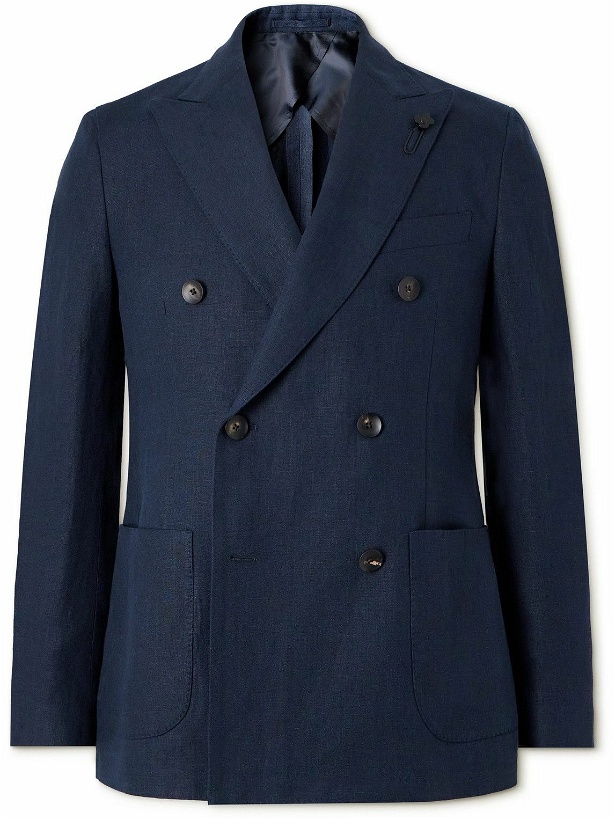 Photo: Lardini - Slim-Fit Double-Breasted Linen Suit Jacket - Blue