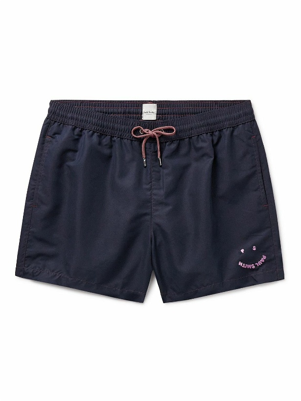 Photo: Paul Smith - Happy Slim-Fit Short-Length Logo-Embroidered Recycled Swim Shorts - Blue