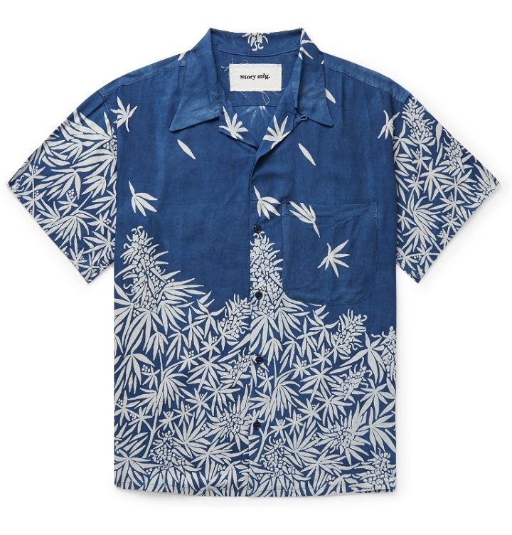 Photo: Story Mfg. - Shore Camp-Collar Printed Indigo-Dyed Tencel Shirt - Blue