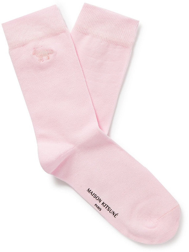 Photo: Maison Kitsuné - Logo-Embroidered Stretch-Cotton Socks - Pink