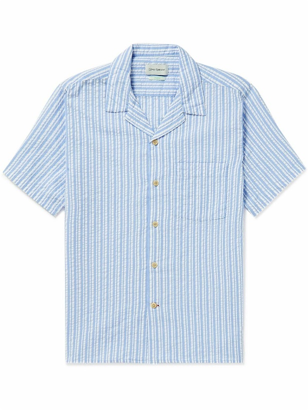 Photo: Oliver Spencer - Havana Camp-Collar Striped Organic Cotton-Seersucker Shirt - Blue