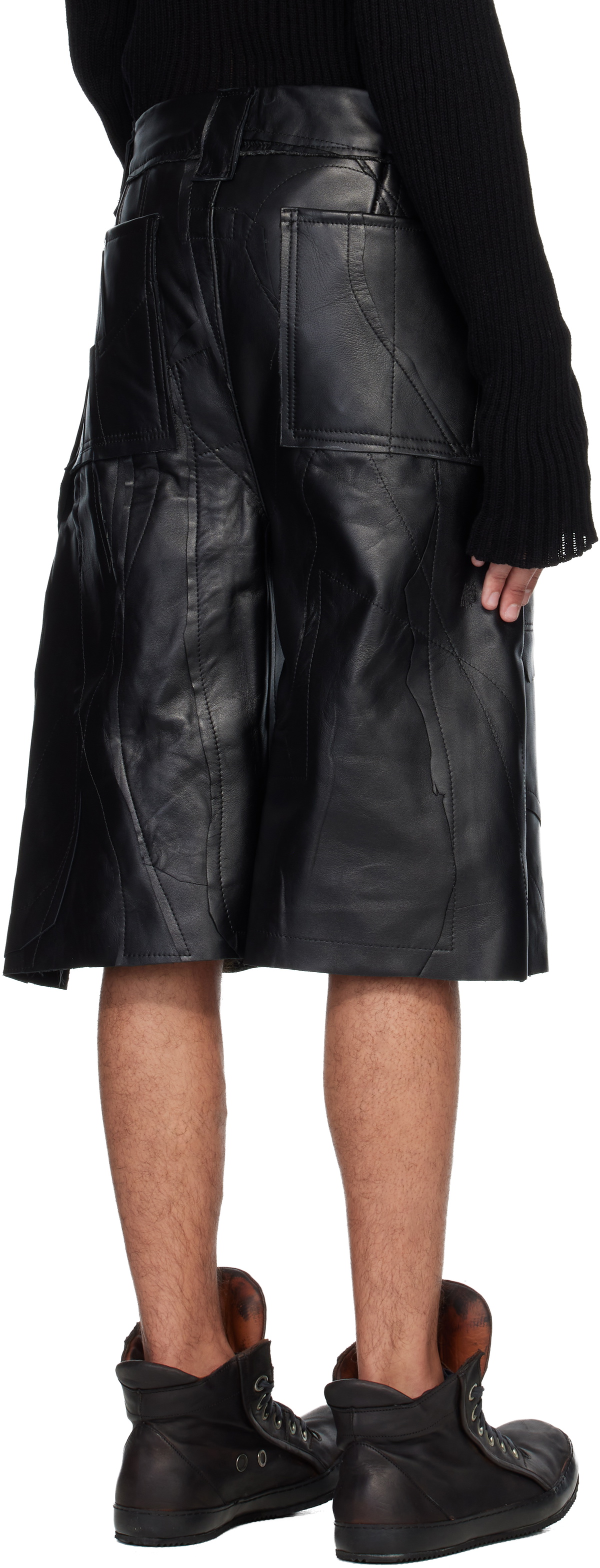 Swampgod Black Patchwork Leather Beach Shorts