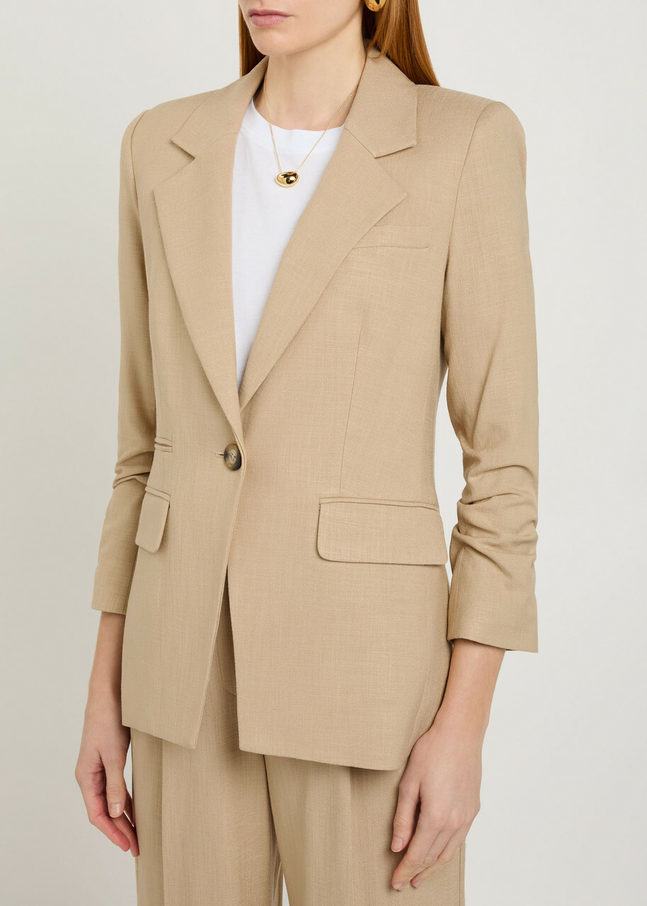 Veronica Beard Battista Gathered-sleeve Woven Blazer Khaki