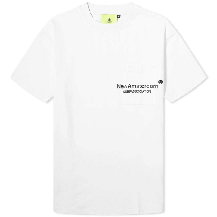 Photo: New Amsterdam Surf Association Men's Throw Pocket T-Shirt in White/Black
