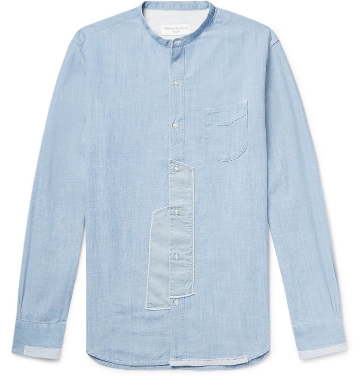 Photo: Officine Generale - Slim-Fit Grandad-Collar Patchwork Cotton-Chambray Shirt - Sky blue