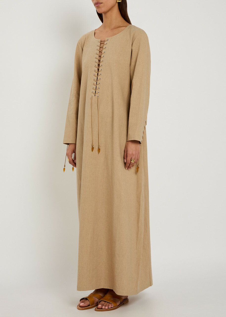 Tory Burch Lace-up Linen-blend Maxi Tunic Dress Sand